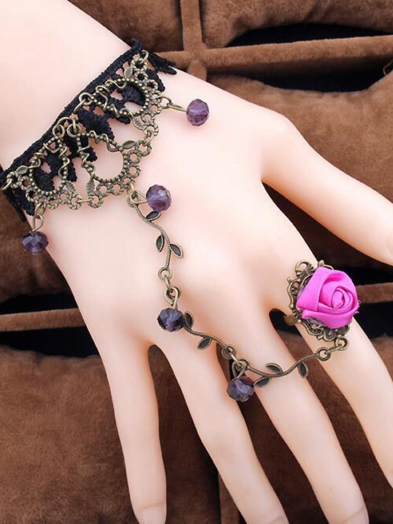 Bracelet vintage gothique en dentelle de vigne rose avec anneau en cristal
