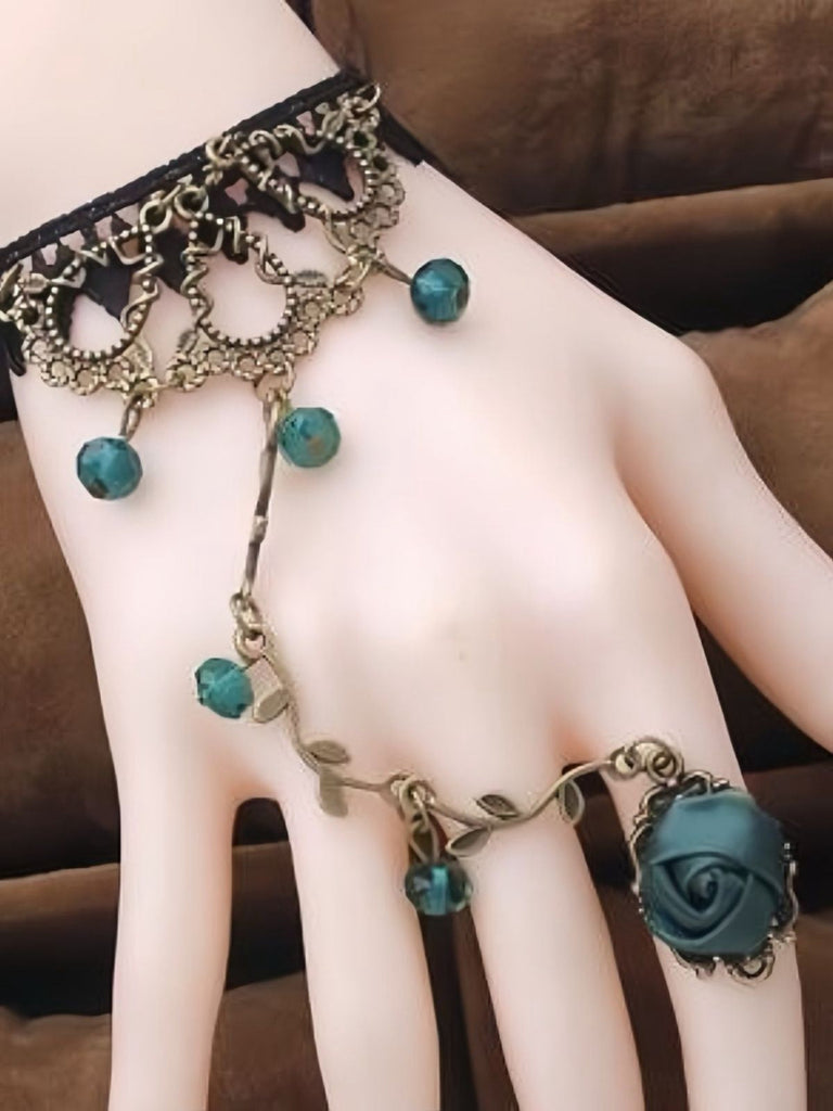 Bracelet vintage gothique en dentelle de vigne rose avec anneau en cristal