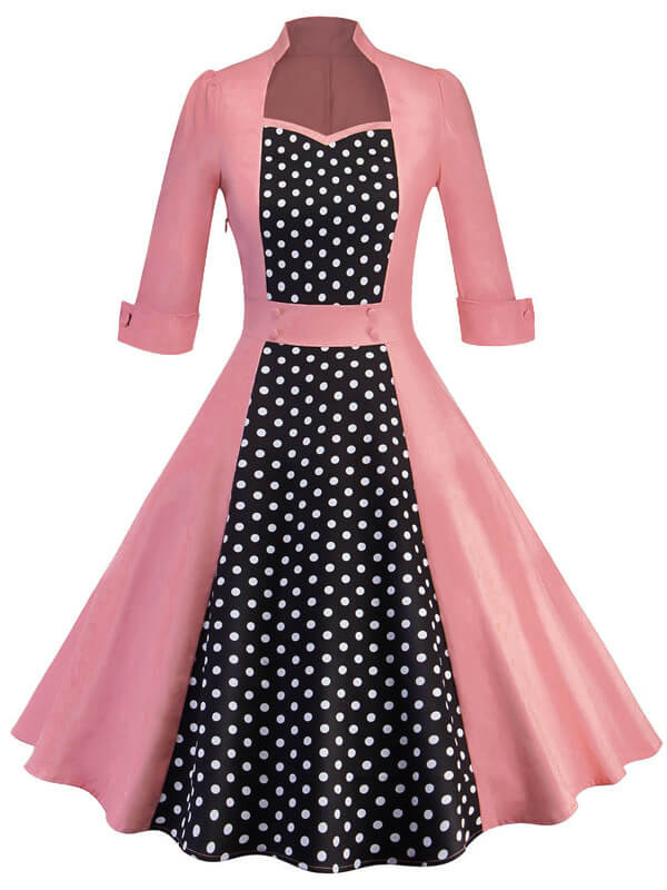 Robe Vintage Années 50 Patchwork à Pois Manches Longues Pin Up