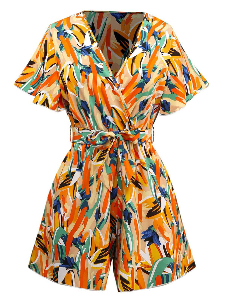 Combishort ceinturée multicolore col V et imprimé abstrait années 1980