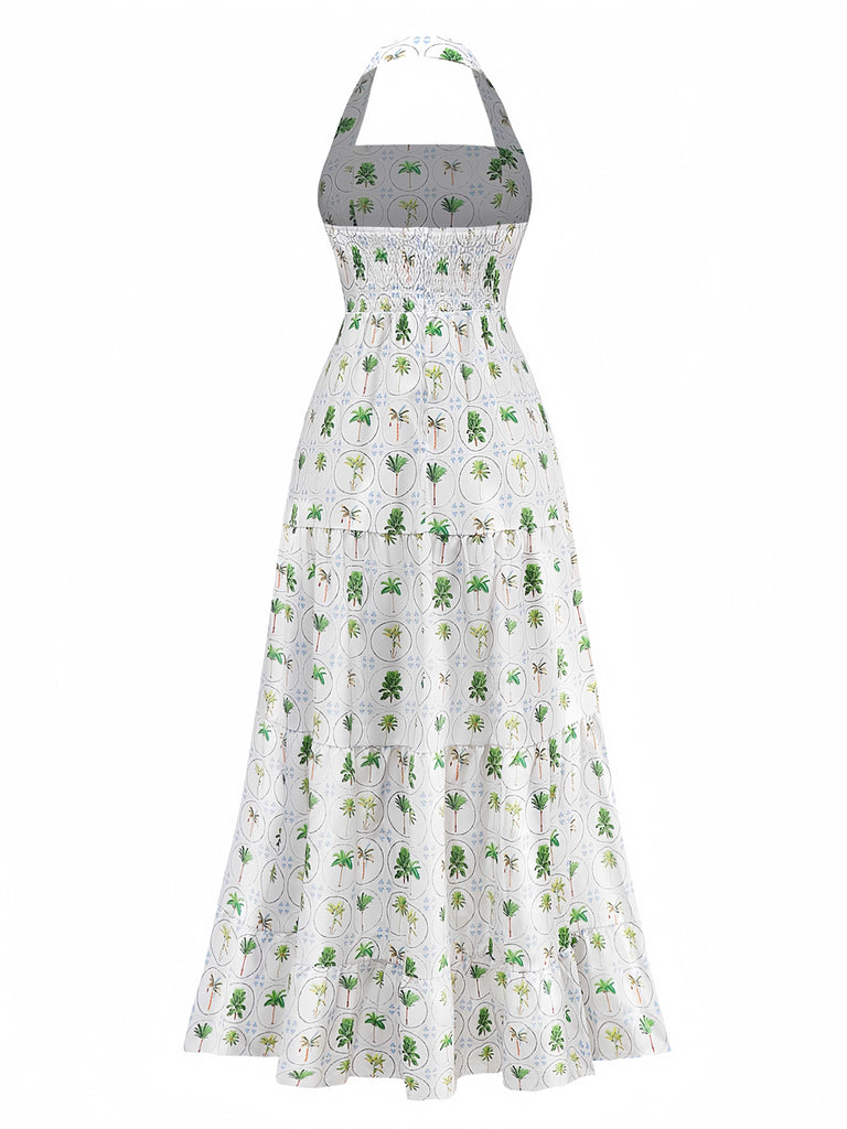 Robe licou verte à imprimé palmiers et carreaux des années 1970