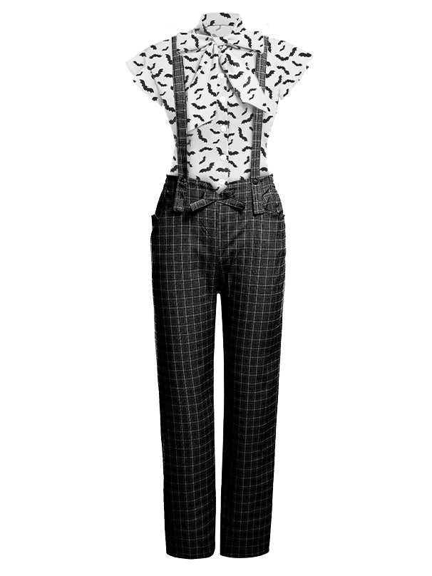 2PCS Chemisier col nœud & Pantalon à Bretelles Halloween Années 50