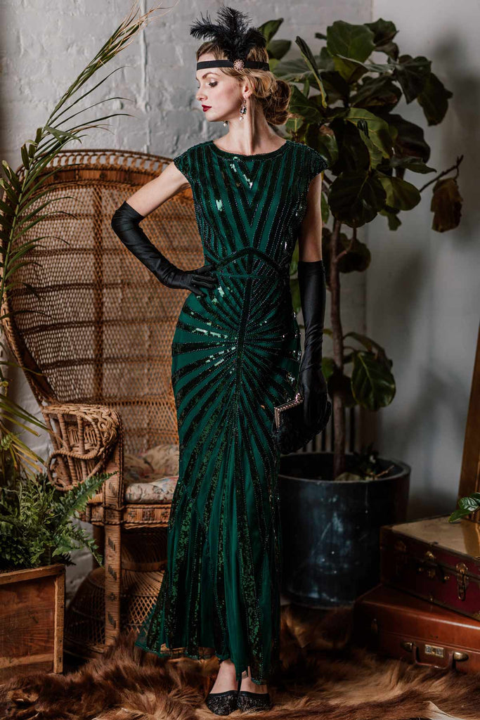 Robe Charleston Vintage Année 20 Gatsby Maxi à Paillettes Déco Nœud Papillon