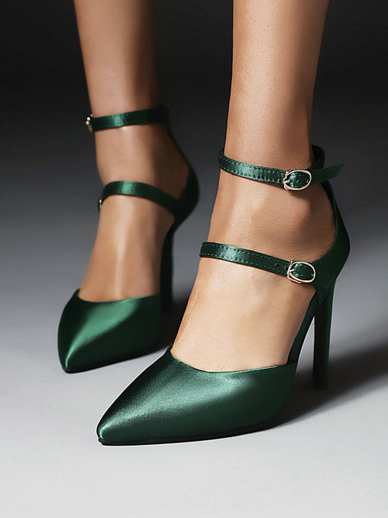 Chaussures à Talons Hauts Pointues en Satin Vert Foncé