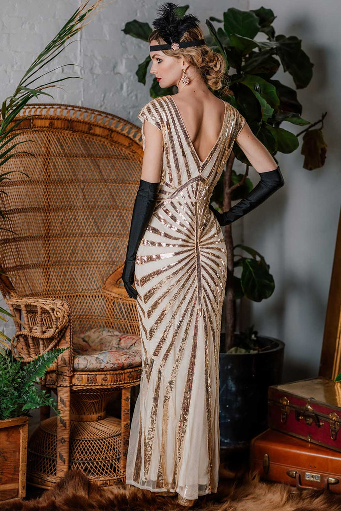 Robe Charleston Vintage Année 20 Gatsby Maxi à Paillettes Déco Nœud Papillon