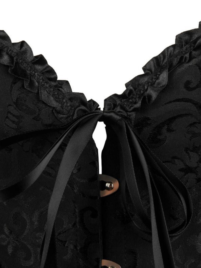 2PCS Corset Dentelle Hors Épaule et Jupe Plissée Ourlet Haut et Bas Steampunk Gothique
