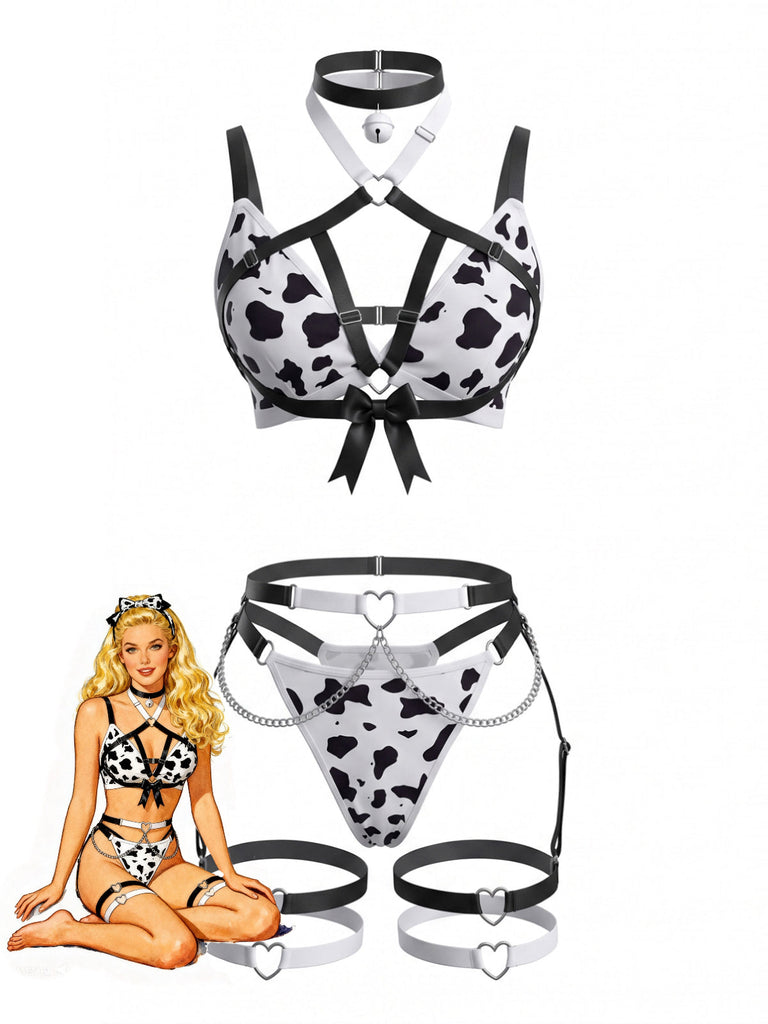 Ensemble lingerie sexy noir et blanc à imprimé vache et bretelles années 1980