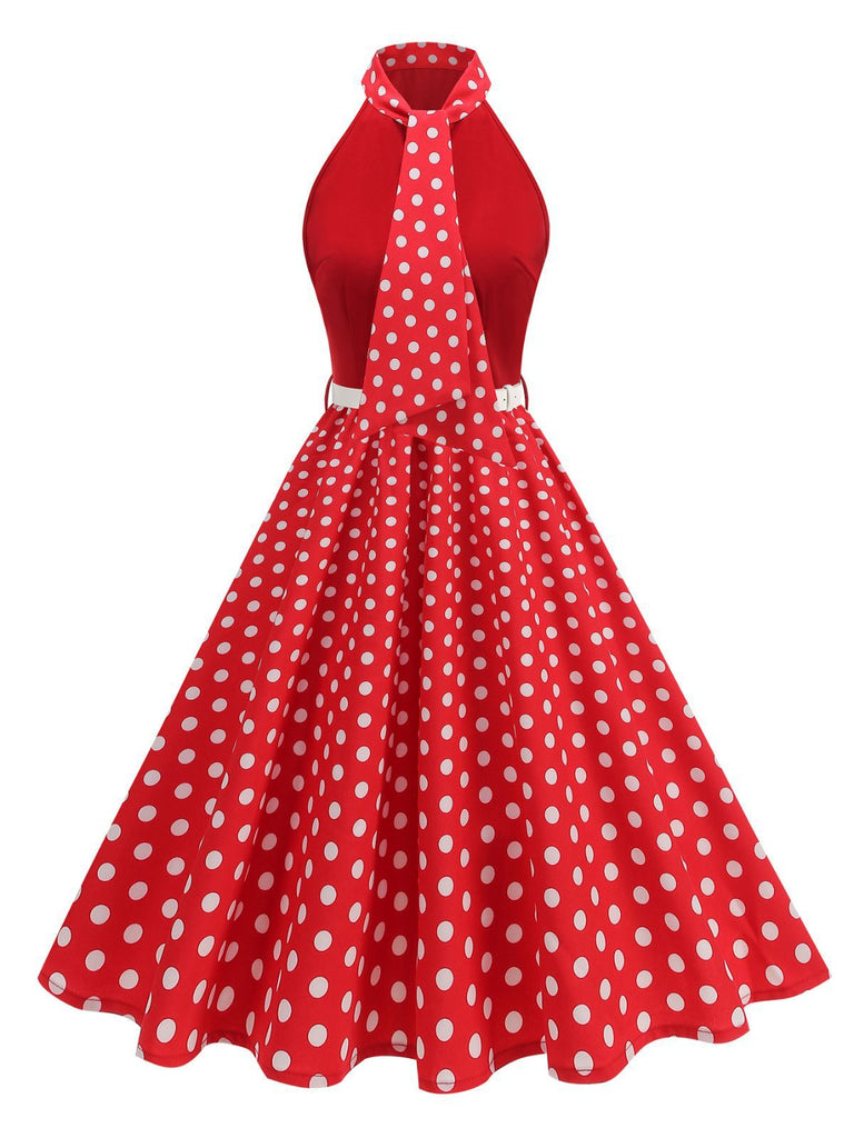 Robe Ceinturée Nœud Papillon Col Pois Années 1950