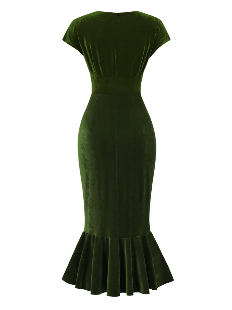 [Pré-vente] Robe de sirène en velours vert à col en V et boutons des années 1930