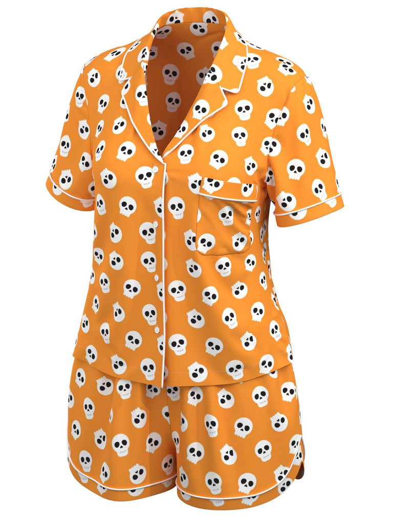 Pyjama orange Halloween des années 1970 avec tête de mort