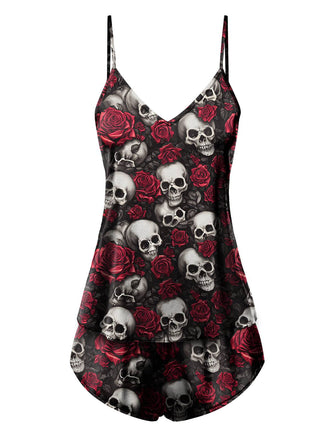 [Prévente] Pyjama noir à bretelles tête de mort et roses des années 1970