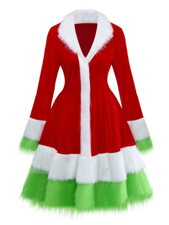 Robe rouge et verte à bordure en fourrure Grinch des années 1940