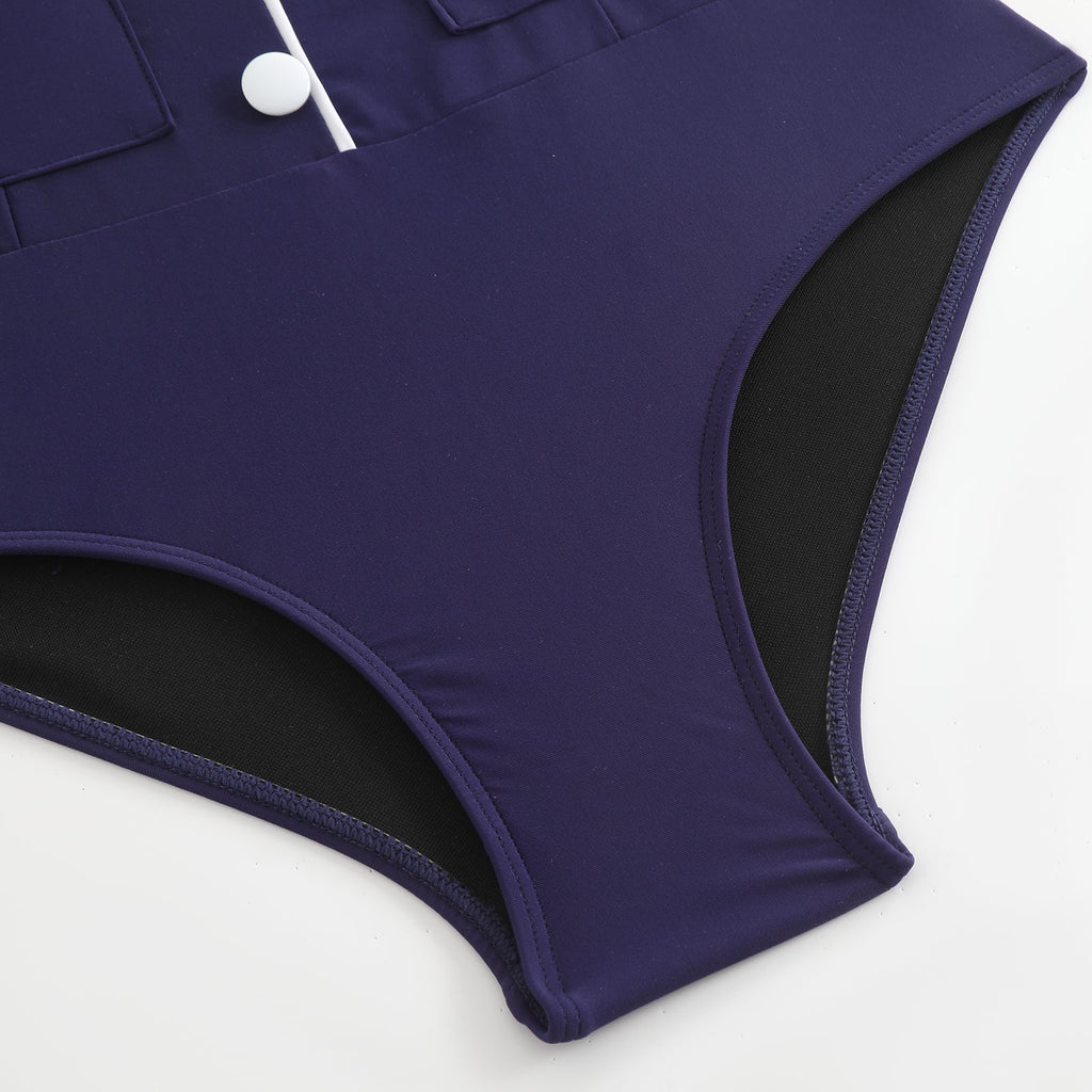 Maillot de bain une pièce bleu foncé à bretelles boutons années 1940
