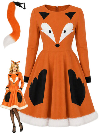 [Prévente] Robe orange de cosplay renard avec bordure en fourrure et queue années 1950