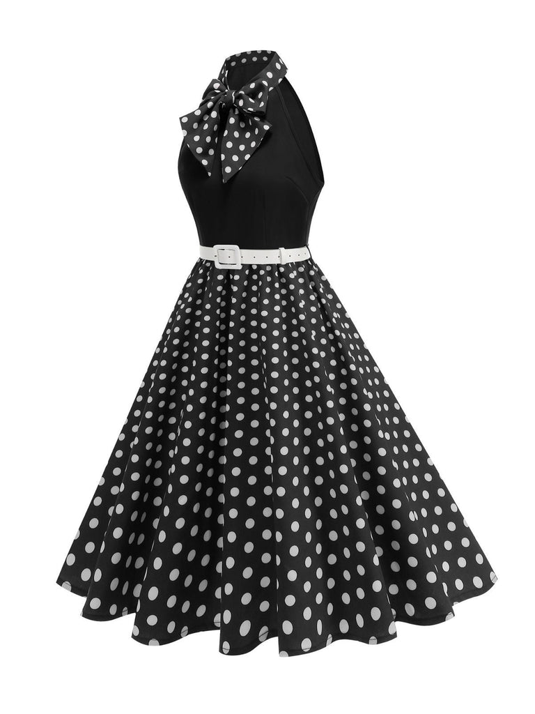 Robe Ceinturée Nœud Papillon Col Pois Années 1950