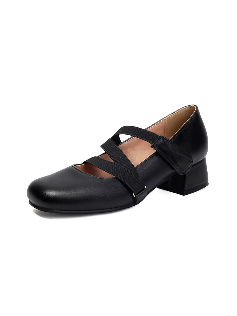 Chaussures à talons épais en cuir élastique inspirées du ballet
