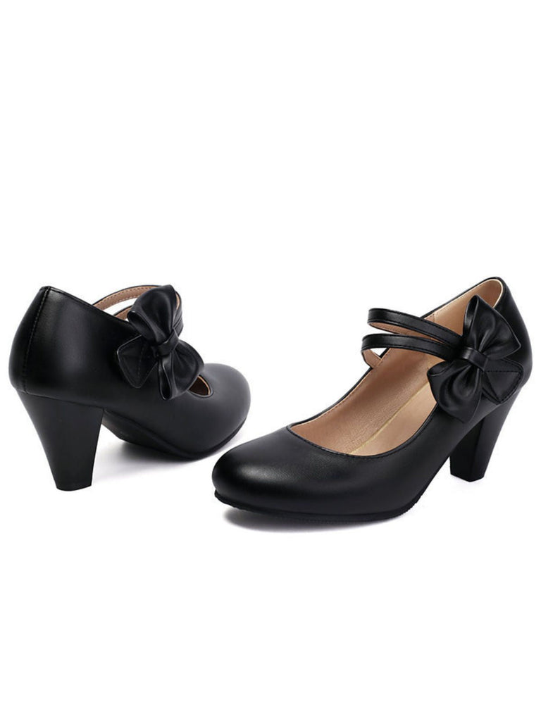 Chaussures à talons hauts en cuir massif à brides et nœuds vintage
