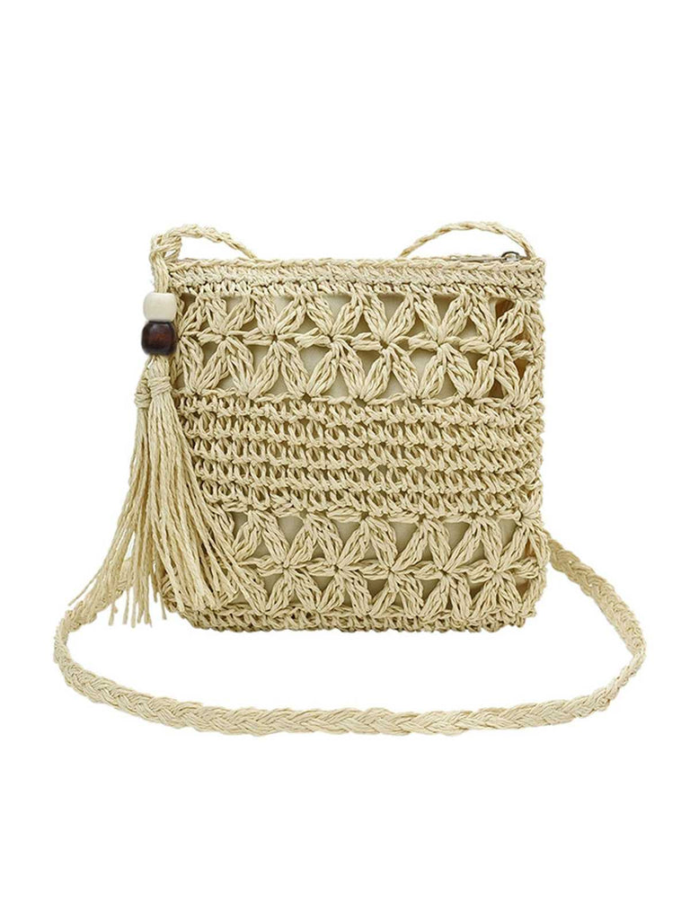 Sac bandoulière vintage en paille et perles en bois