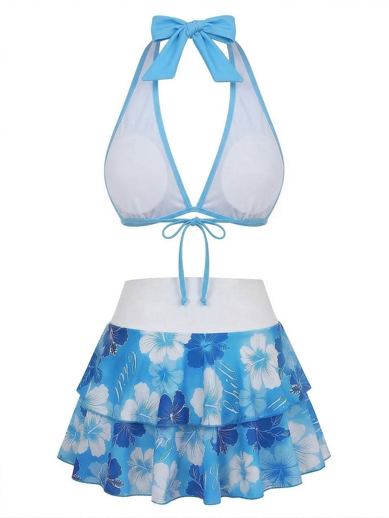 Ensemble bikini rose à imprimé floral à nouer sur le devant et à volants années 1960