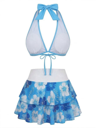 Bikini bleu imprimé floral volanté années 1960