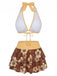 Ensemble bikini rose à imprimé floral à nouer sur le devant et à volants années 1960