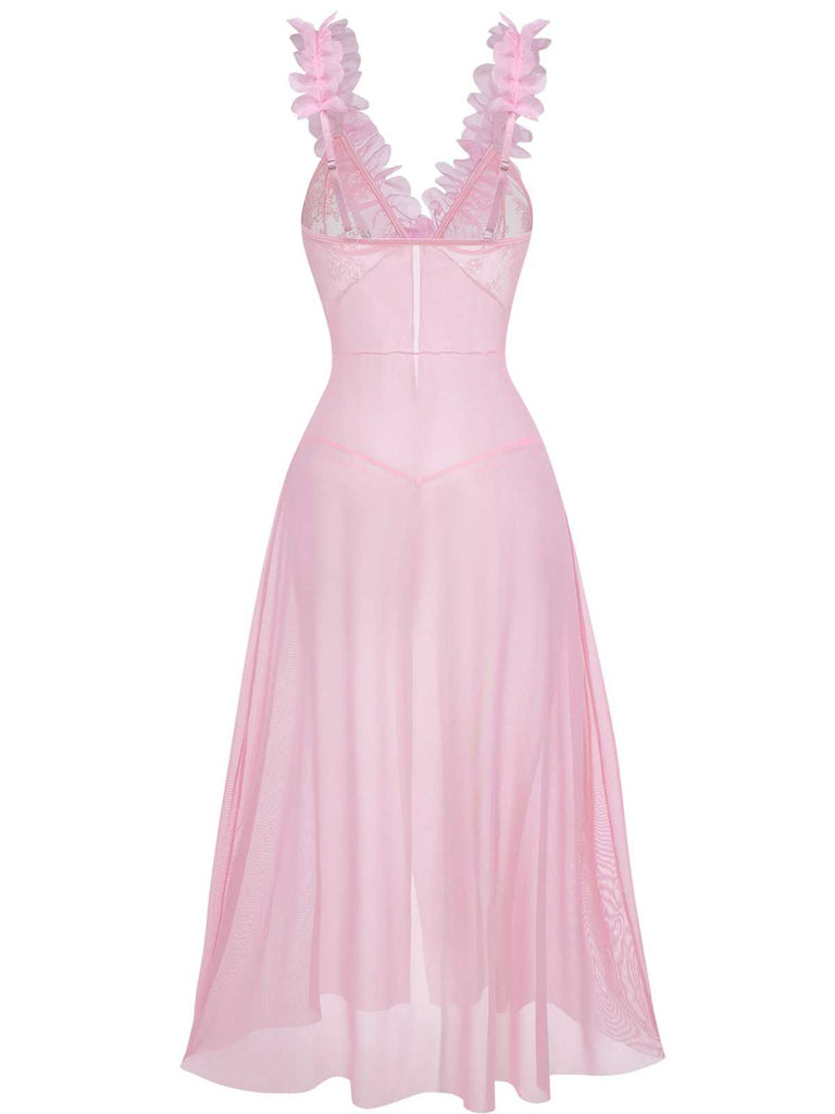 Ensemble de lingerie en dentelle transparente motif floral 3D rose années 1930