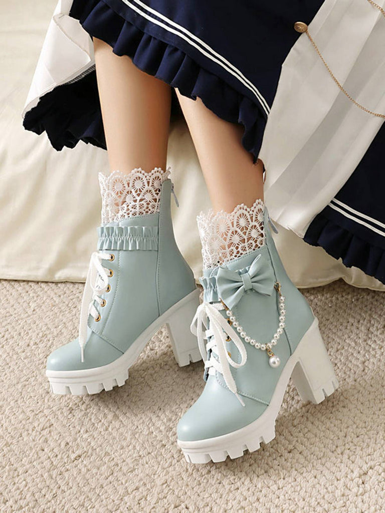 Bottes À Talons Épais Dentelle Perles Nœud Vintage