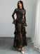 Robe longue noire fleurie à volants en maille années 1930