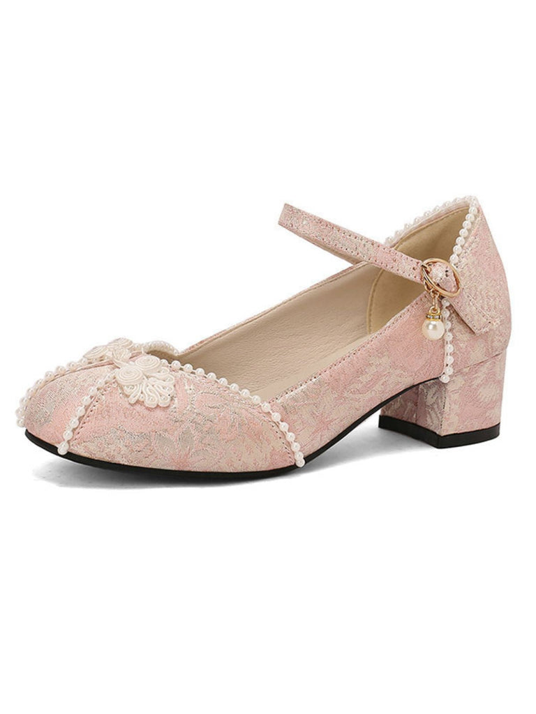Chaussurres Mary Jane à talons épais en jacquard fleuri et perles