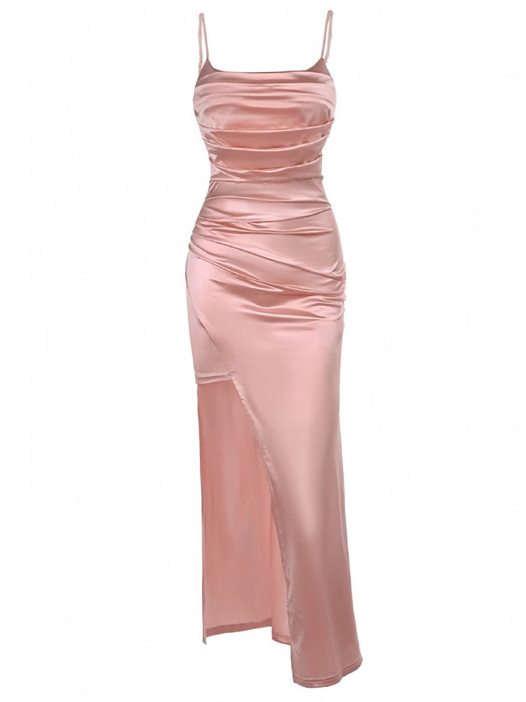 Robe fendue rose froncée en satin uni années 1930