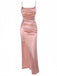 Robe fendue rose froncée en satin uni années 1930