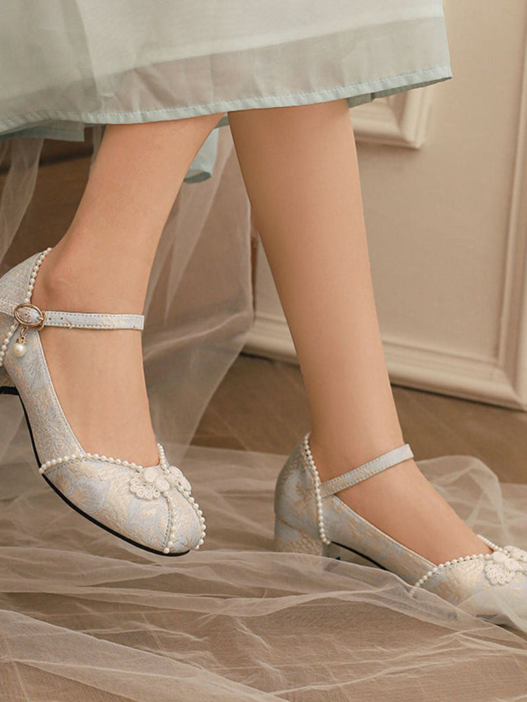 Chaussurres Mary Jane à talons épais en jacquard fleuri et perles