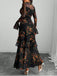 Robe longue noire fleurie à volants en maille années 1930