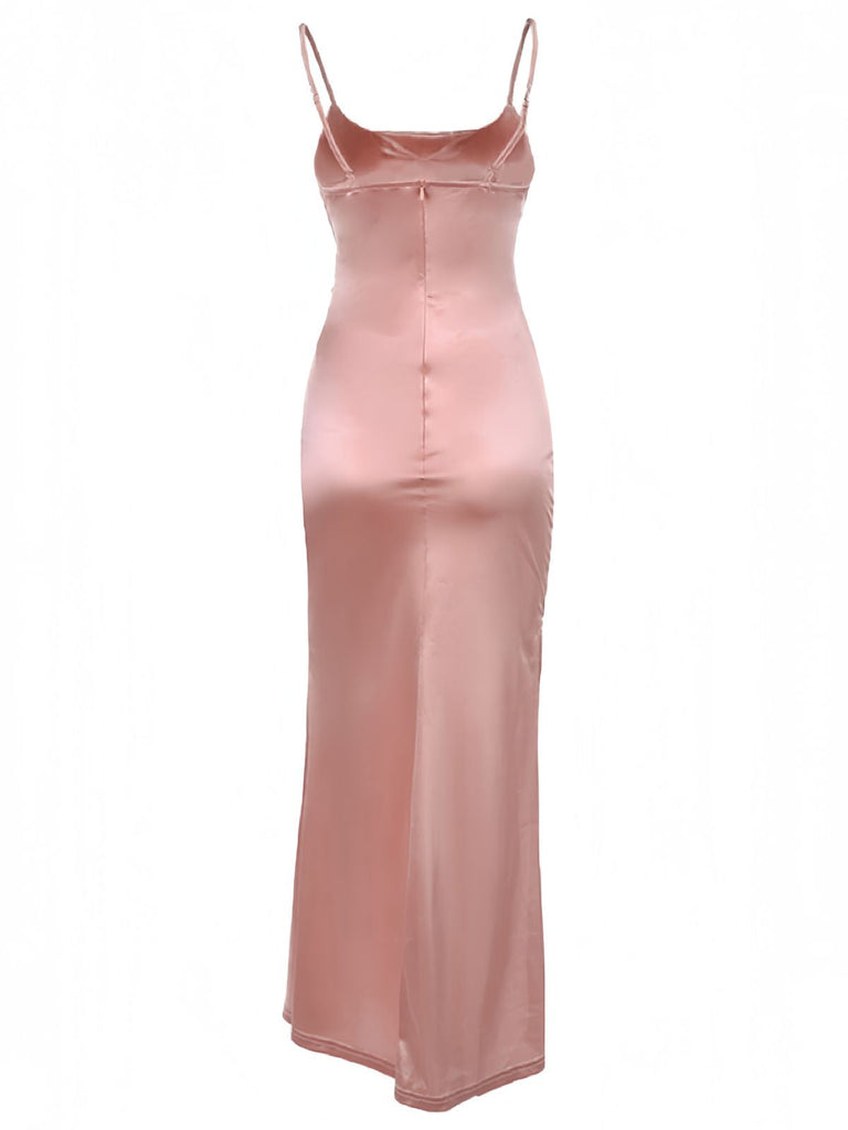 Robe fendue rose froncée en satin uni années 1930