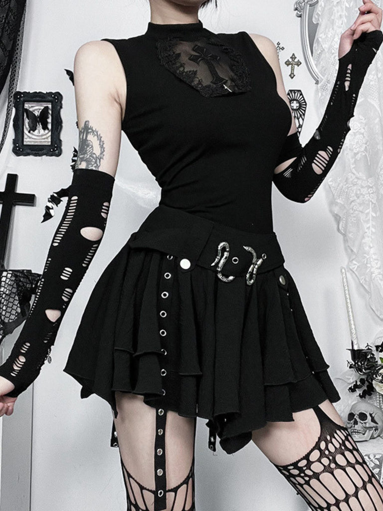 Mini-jupe superposée noire punk à ceinture serpent années 1980