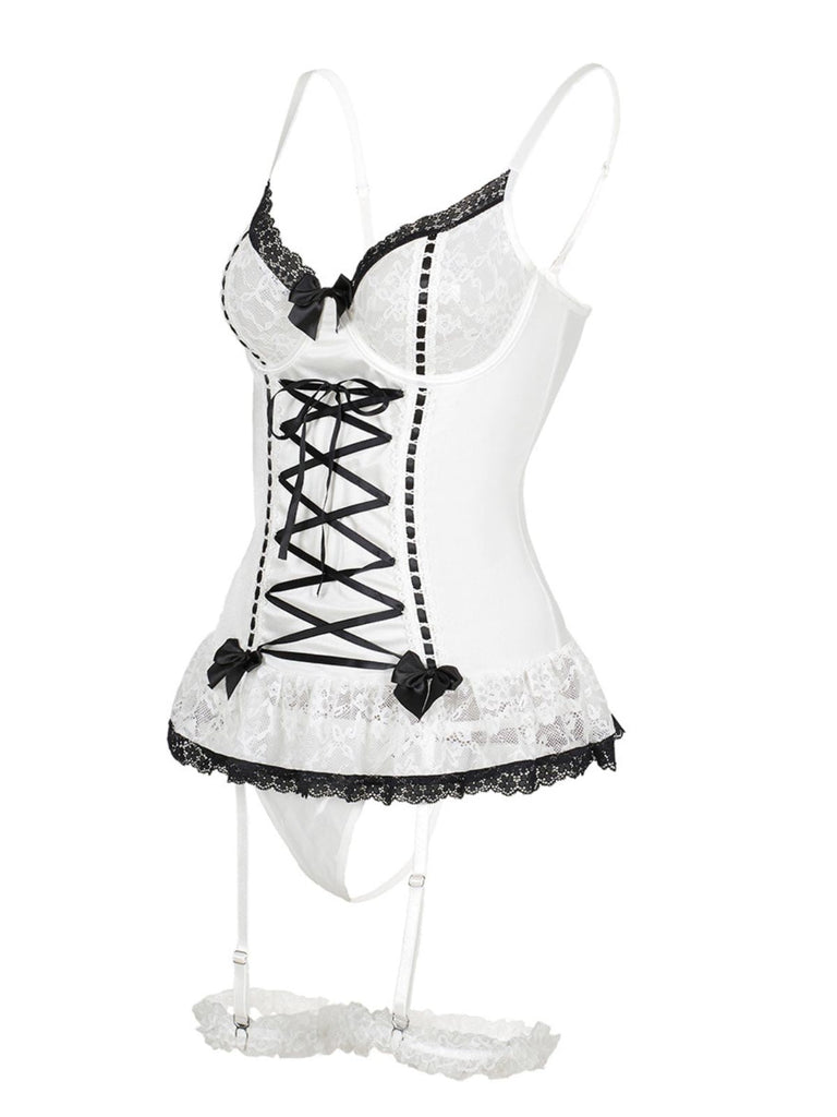 Ensemble de lingerie lacets et nœud en dentelle contrastée années 1970