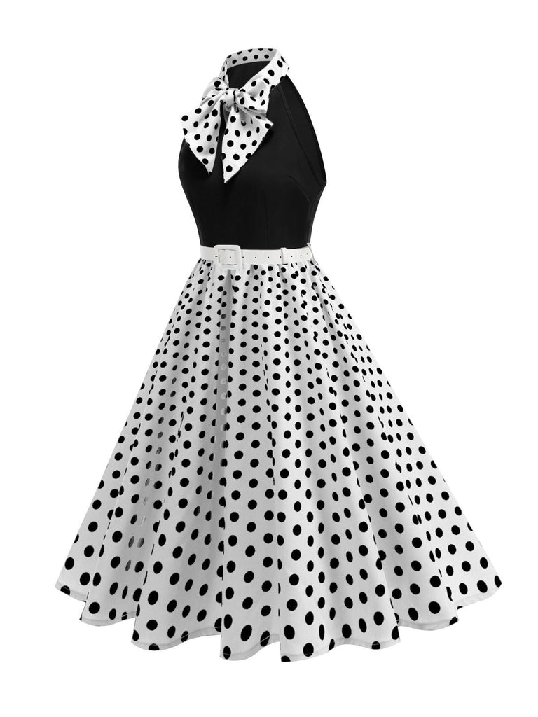 Robe Ceinturée Nœud Papillon Col Pois Années 1950