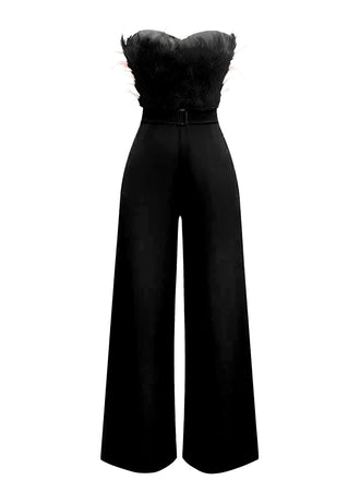 Combinaison sans bretelles à plumes et ceinture unie des années 1970