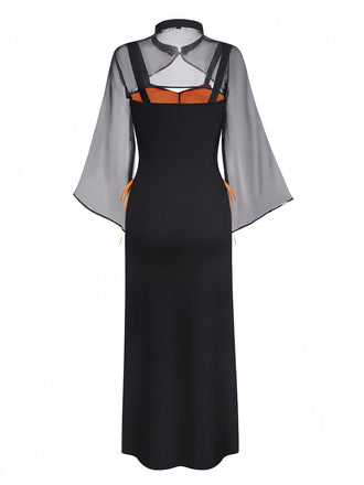 Robe orange en dentelle fleurie avec châle et chapeau des années 1940