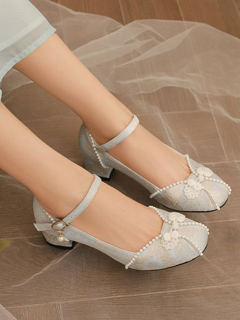 Chaussurres Mary Jane à talons épais en jacquard fleuri et perles