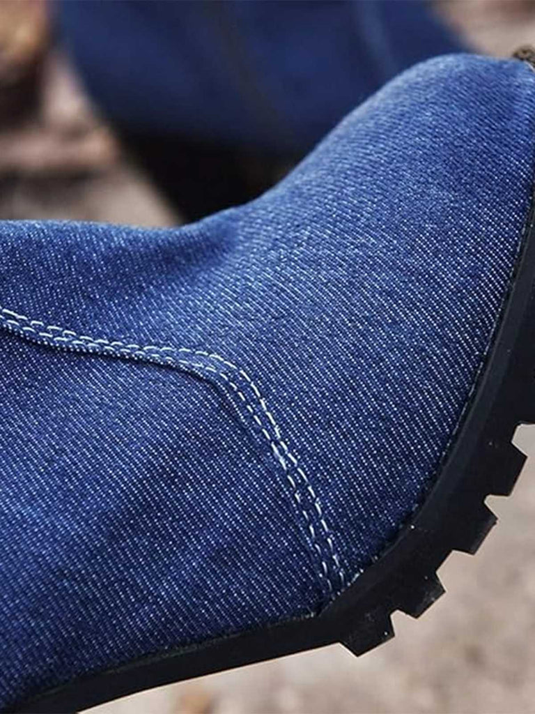 Bottes mi-mollet zippées à bout rond en denim