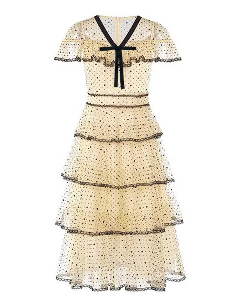 Robe ourlet superposé à volants en maille à pois et nœud années 1950