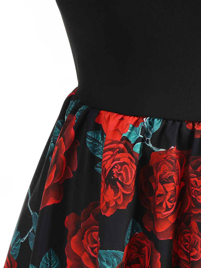 Robe dos nu patchwork col rond et nœud roses rouges des années 1950