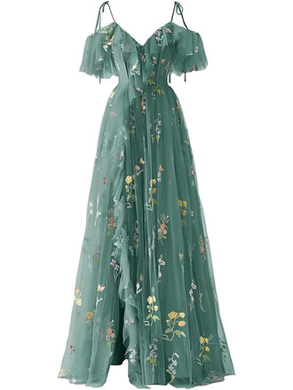 Robe fendue en tulle brodé de fleurs années 1970