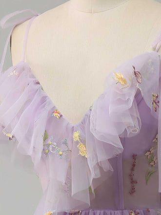 [Prévente] Robe fendue violette tulle fleurs 1970s