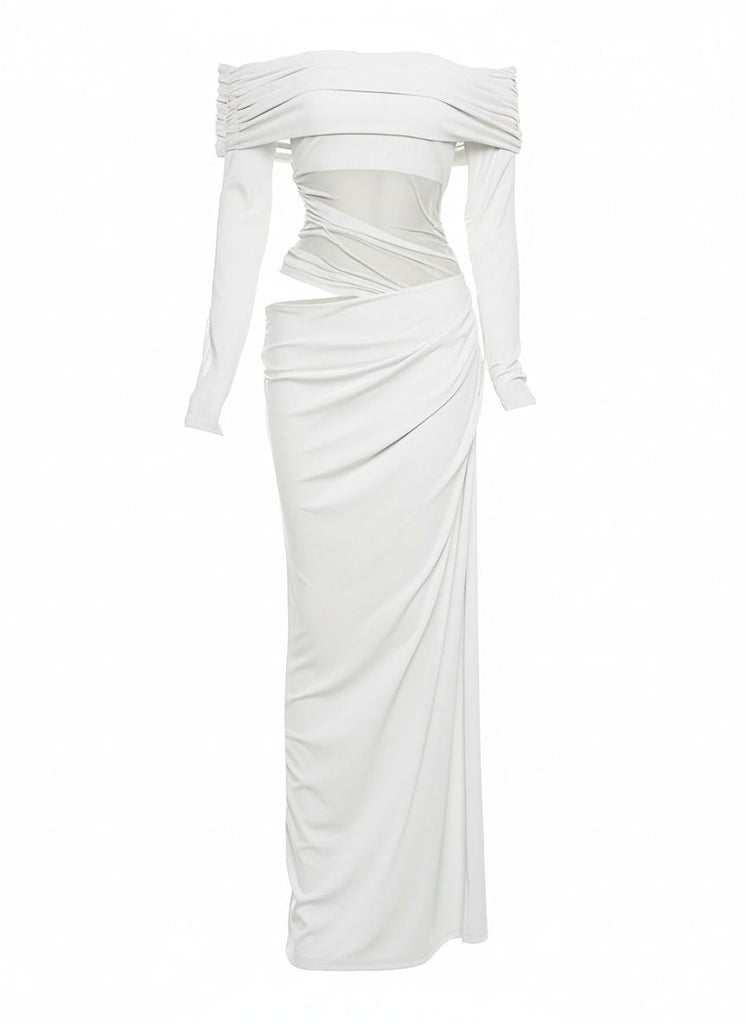 Robe transparente unie à épaules dénudées en résille ajourée années 1980