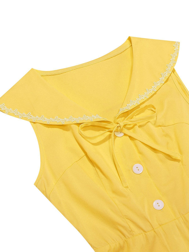 Robe sans manches col marin et nœud papillon couleur unie années 1950