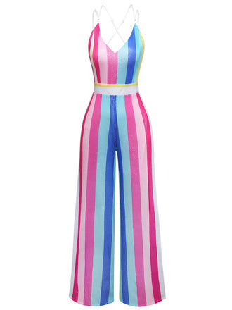 Combinaison multicolore à rayures verticales et paillettes col en V années 1960