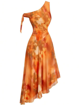 Robe orange à une épaule en résille et ourlet asymétrique années 70