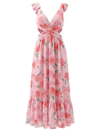 Pink 1930s Floral Chiffon Deep V Backless Maxi Dress - vintage dress, retro fashion